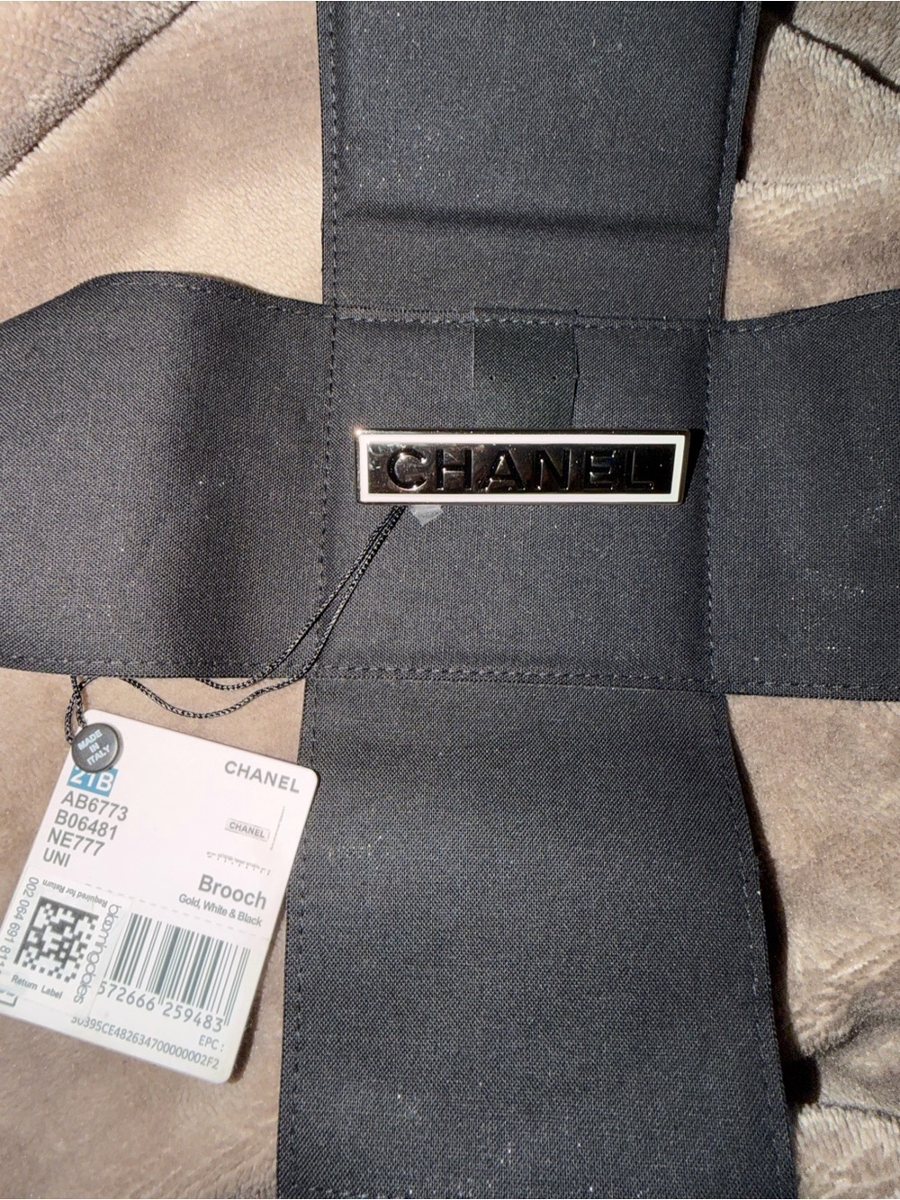 CHANEL Black & Gold Rectangular Logo Pin